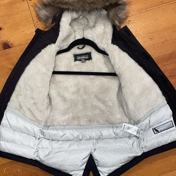 Eddie Bauer Down Coat Black Parka Jacket Faux Fur Trim Hood Waterproof 4 Kids - Picture 7 of 14